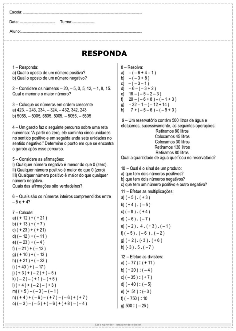 Atividades de Matemática 7º ano Para Imprimir Ler e Aprender