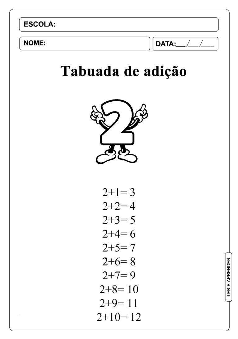 Tabuada de adição do 1 ao 9 para imprimir e completar