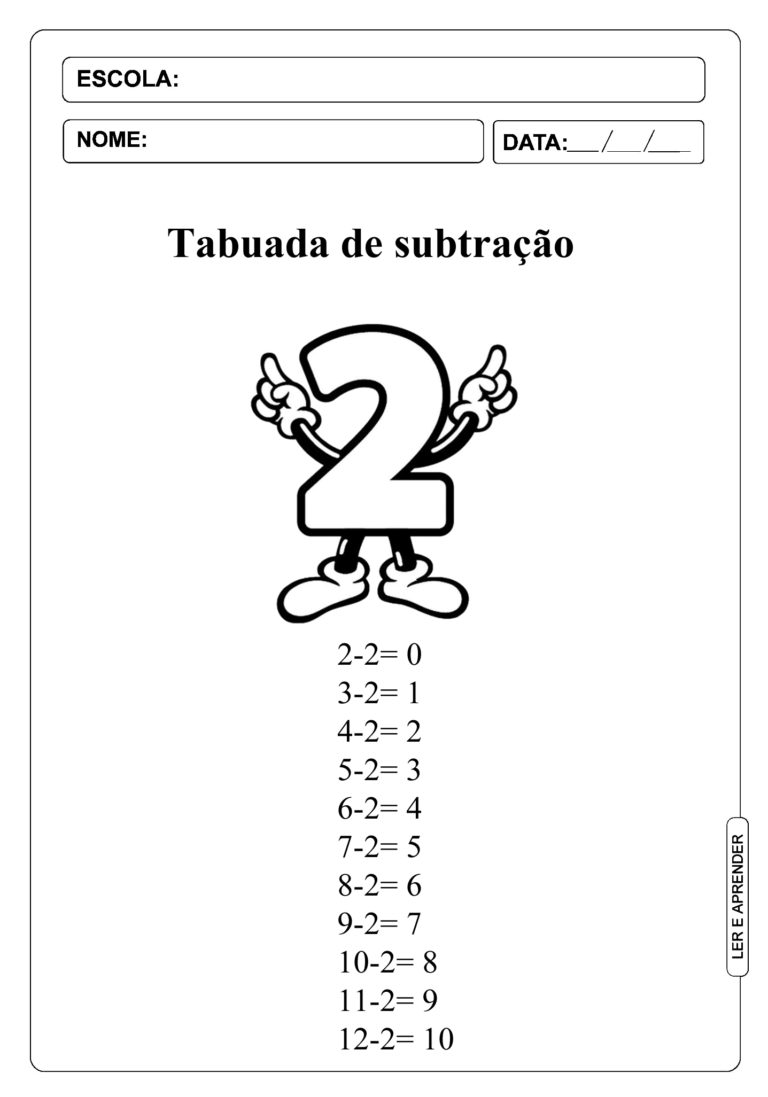 Tabuada De Subtra O Do Ao Completa Para Imprimir