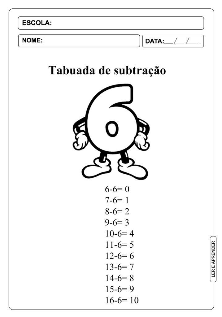 Tabuada De Subtra O Numero Ler E Aprender