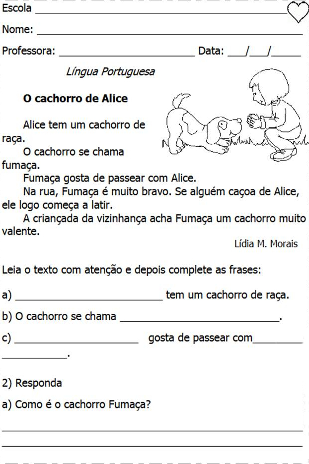 Atividades de interpretação de texto do 2º ano - O cachorro de Alice