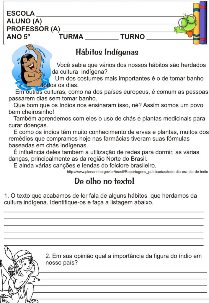 Atividades de Interpretação de texto do 5º ano - Hábitos Indígenas