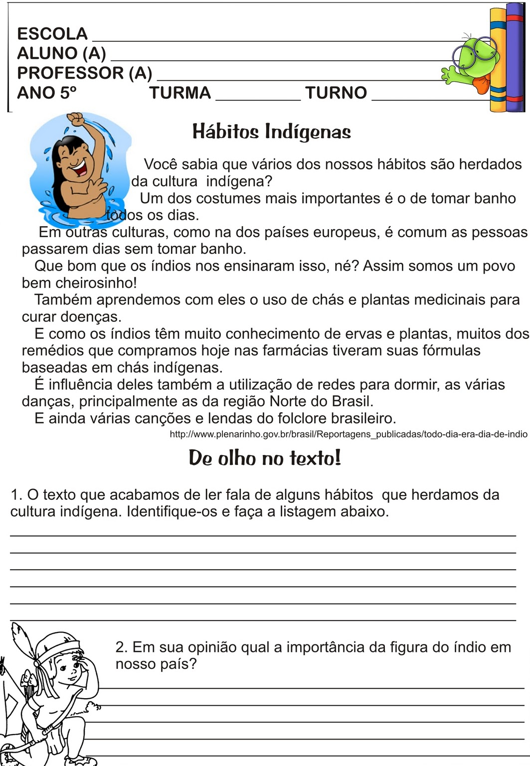 Atividades de Interpretação de texto do 5º ano – Hábitos Indígenas