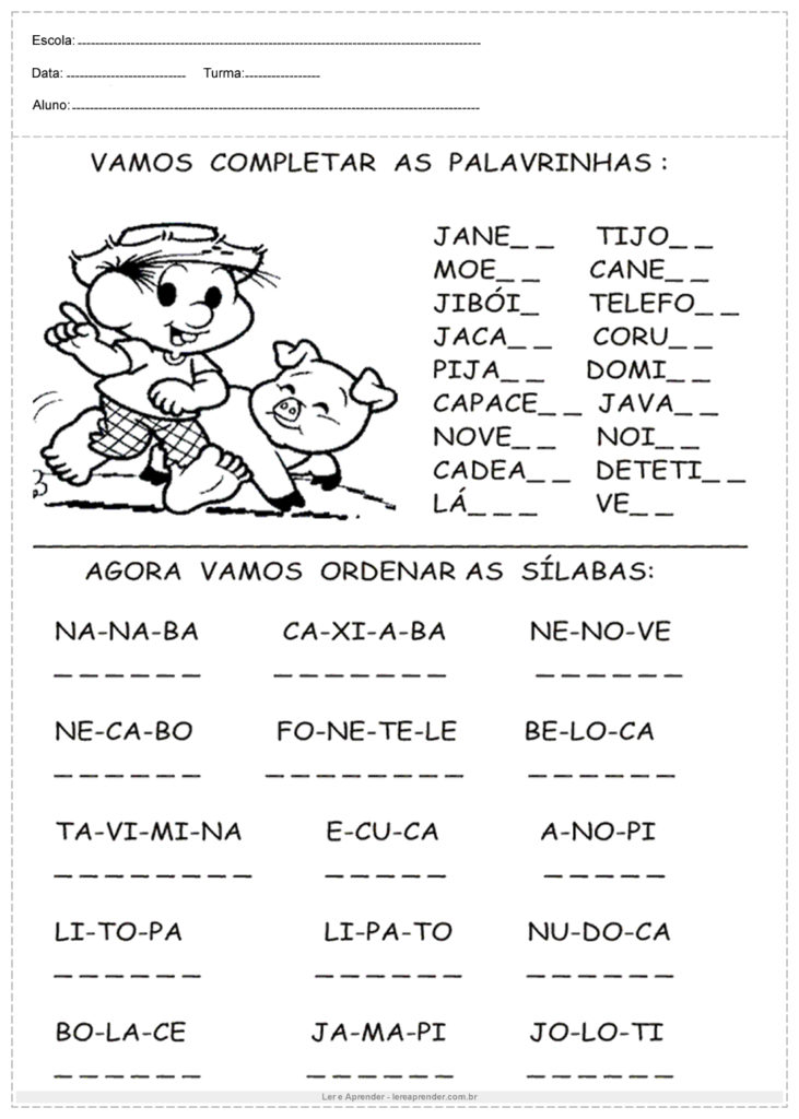 Atividades de Português 1º ano - Complete as palavras