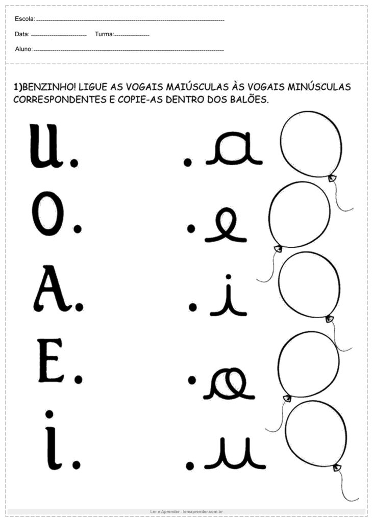 Atividades de Português 1º ano - Ligue as vogais