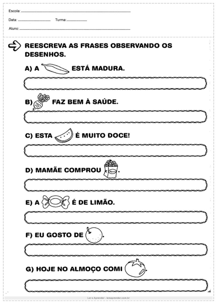 Atividades de Português 2º ano - Reescreva as frases