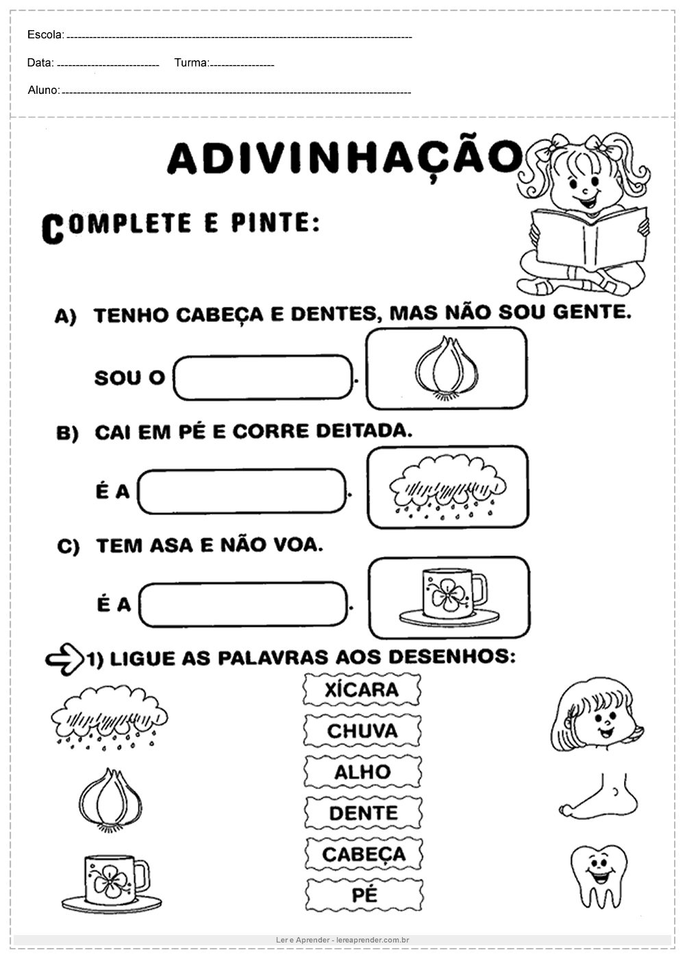 Atividades de Português 1º ano – Complete e Pinte