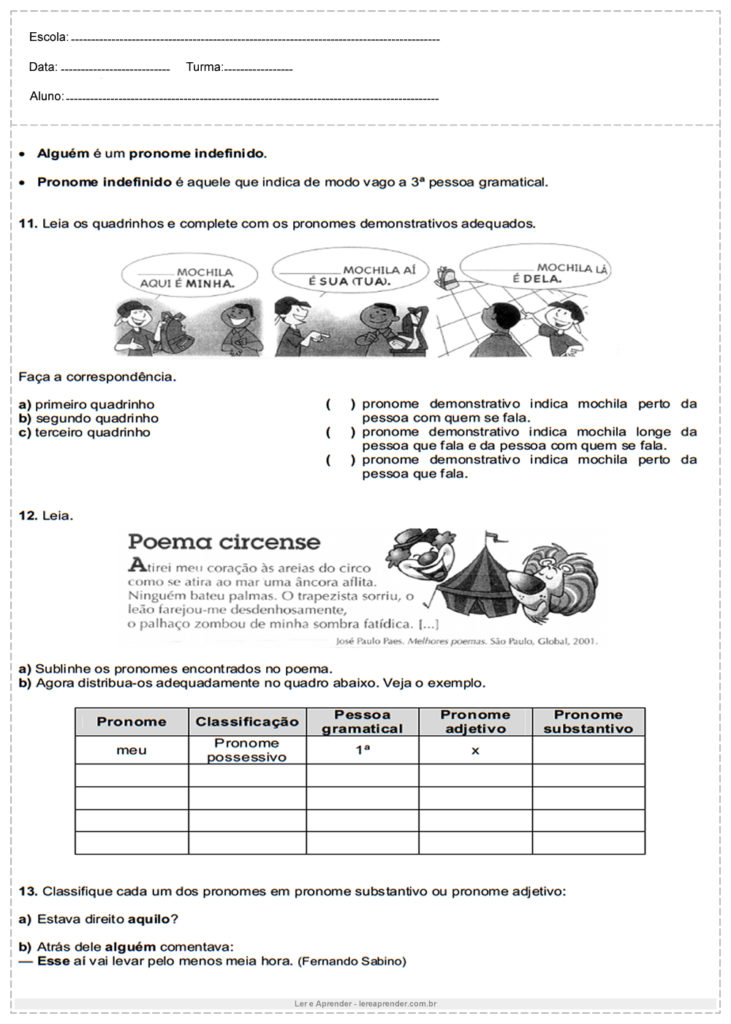 Classificação dos Pronomes - Atividades de Português 6º ano