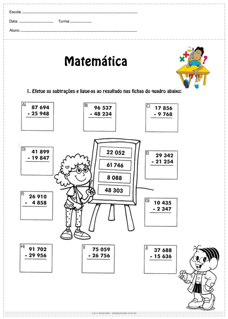 Atividades De Adição E Subtração Para O 4º Ano Para Imprimir