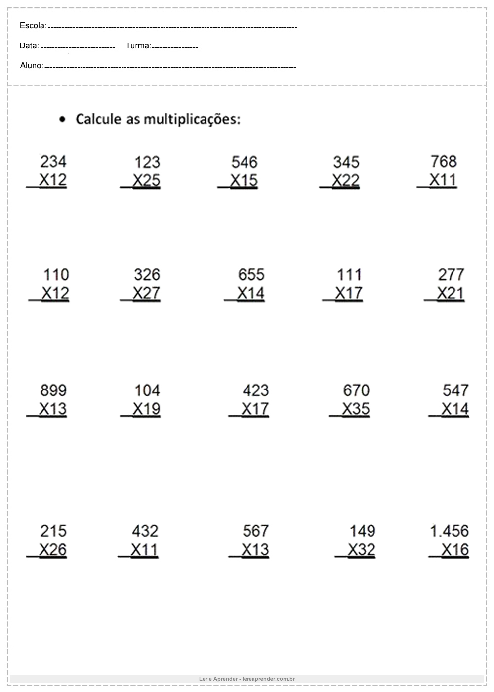 Atividade de matemática 4°ano calcule as multiplicações