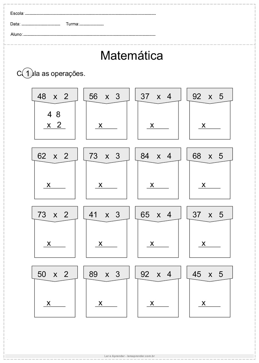 Atividade de matemática 4°ano calcule as operações