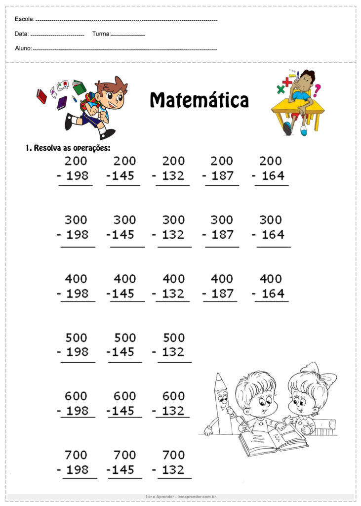 Atividade de matemática 4°ano resolva as subtrações