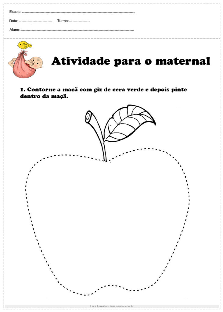 Atividade de tracejado para o maternal contorne a maçã