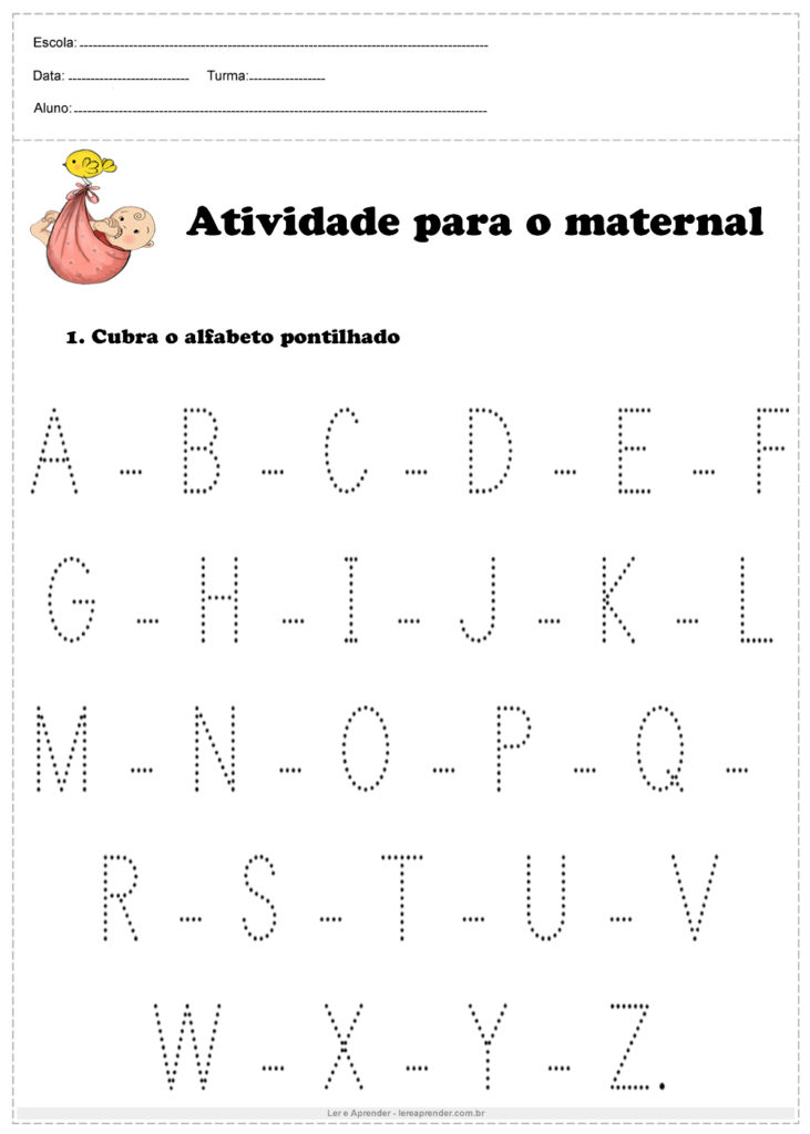Atividade de tracejado para o maternal cubra o alfabeto