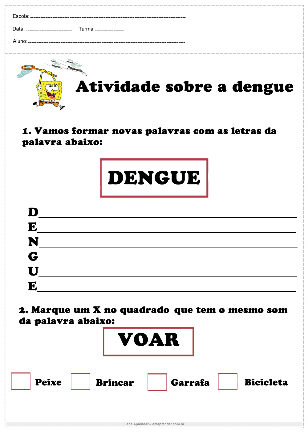 Atividade sobre a dengue vamos formar palavras