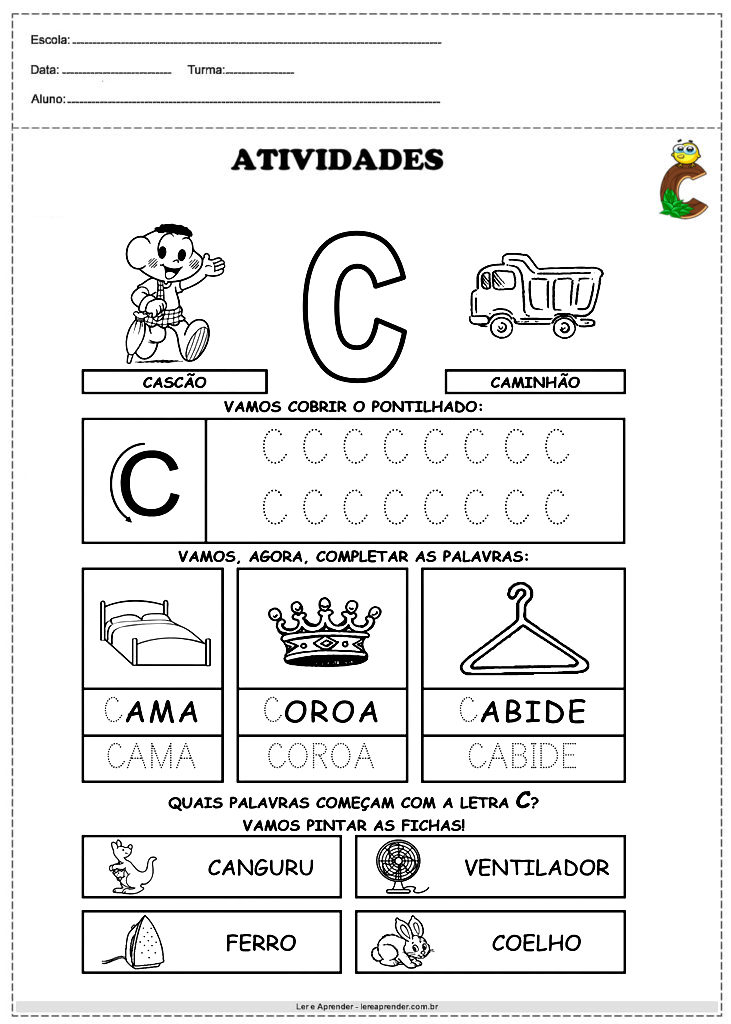 Atividades com a letra c para educação infantil turma da Mônica