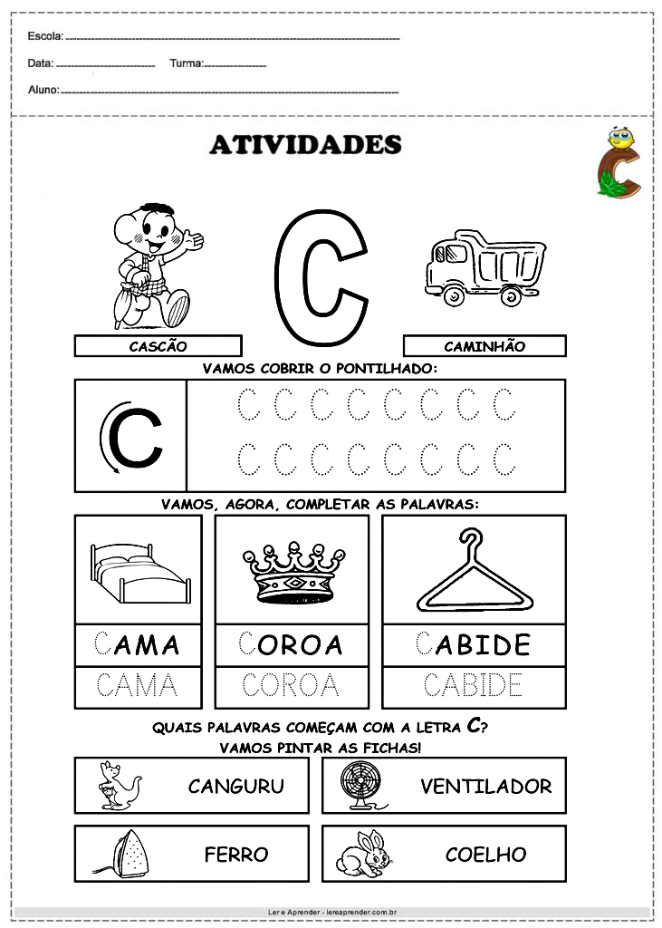 Atividades com a letra c para educação infantil turma da Mônica