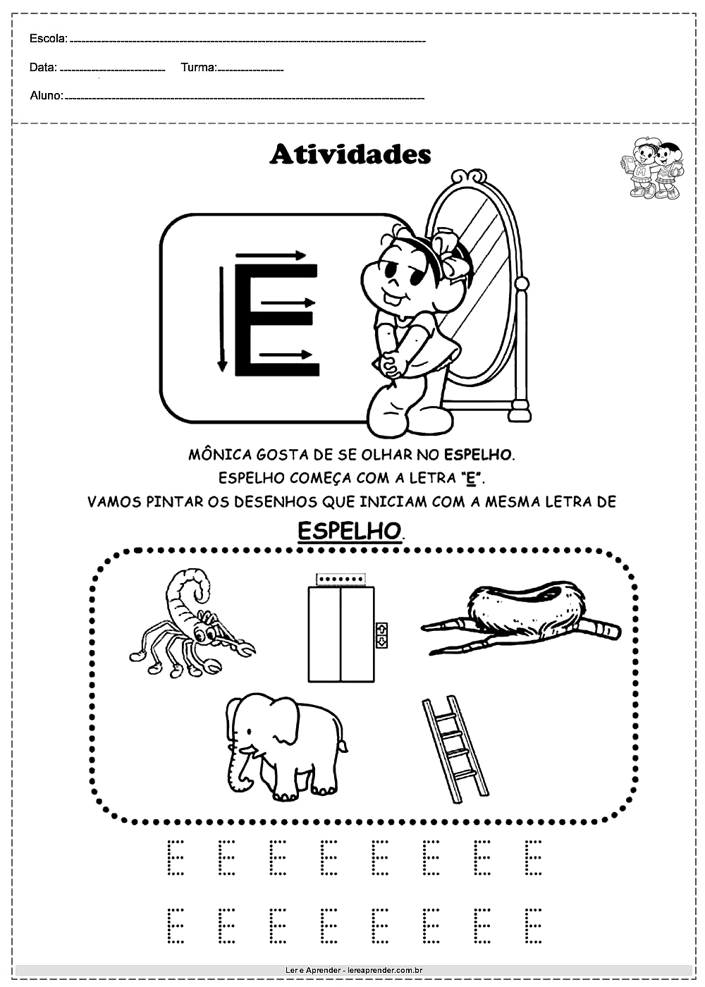 Atividades com alfabeto turma da monica letra E