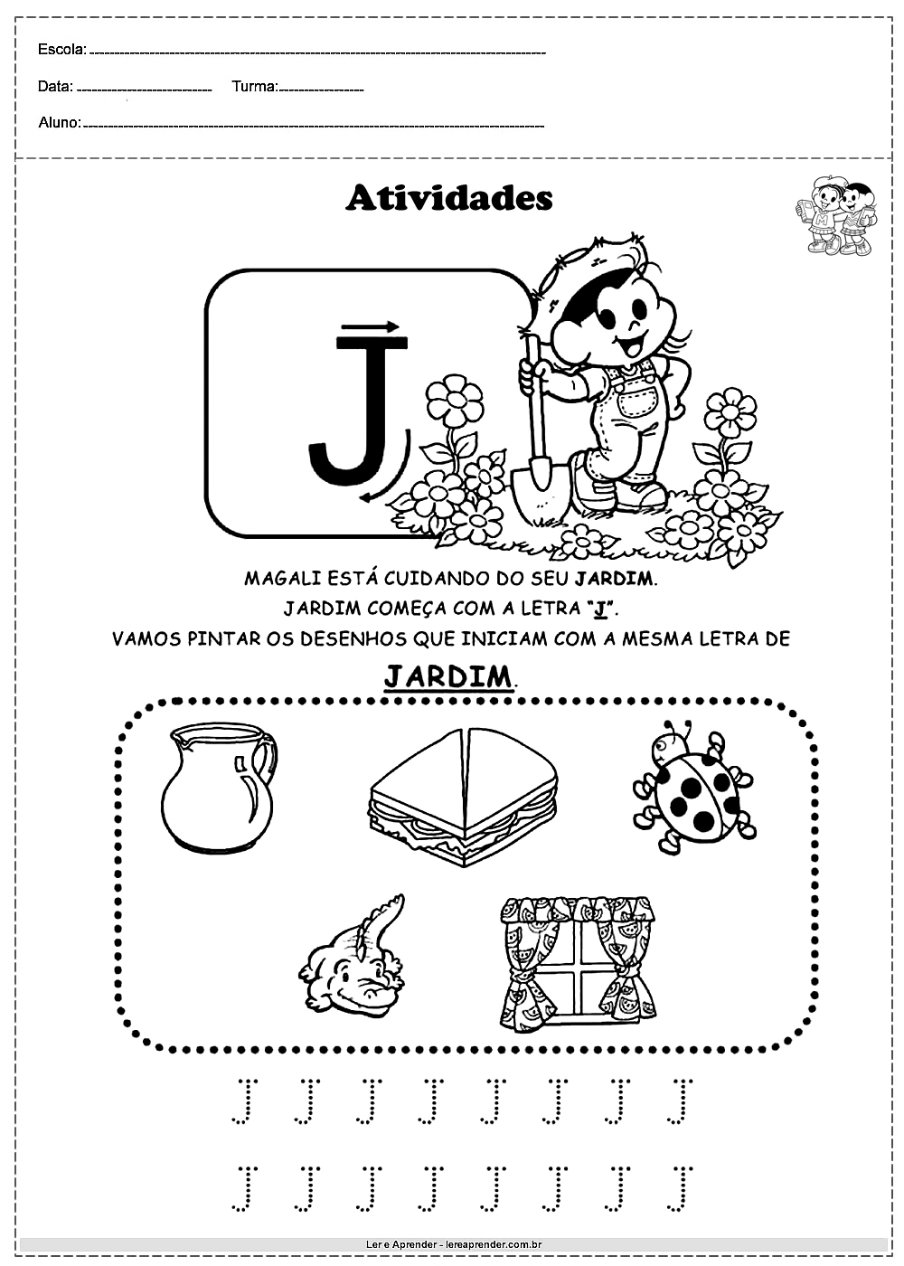 Atividades com alfabeto turma da monica letra J