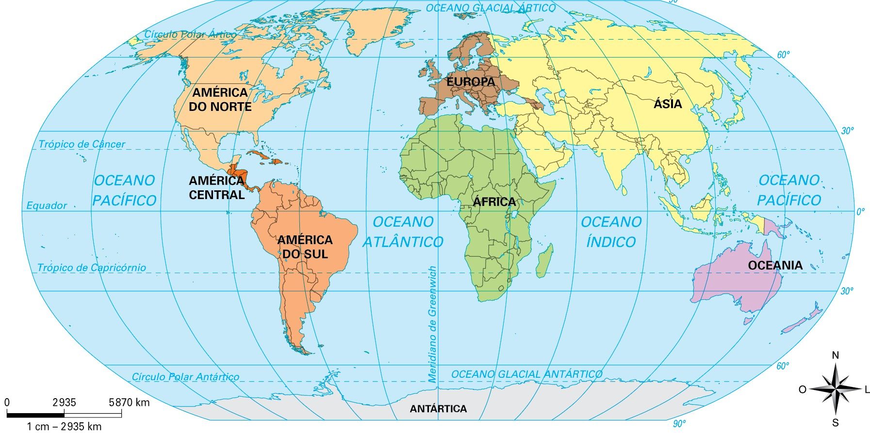 Mapa dos continentes e oceanos
