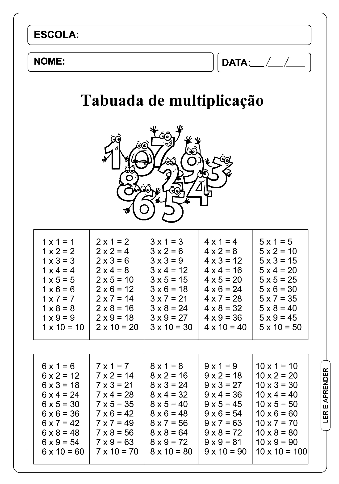Tabuada De Multiplicação Ler E Aprender