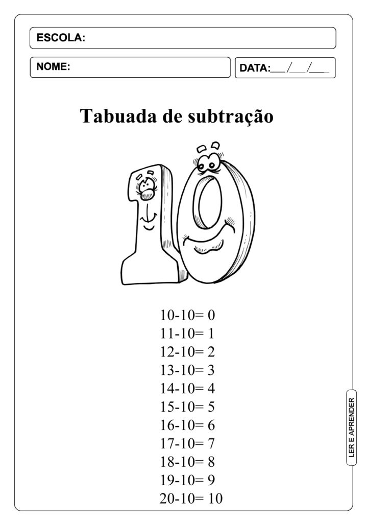 Tabuada De Subtração Numero 10 Ler E Aprender 1007