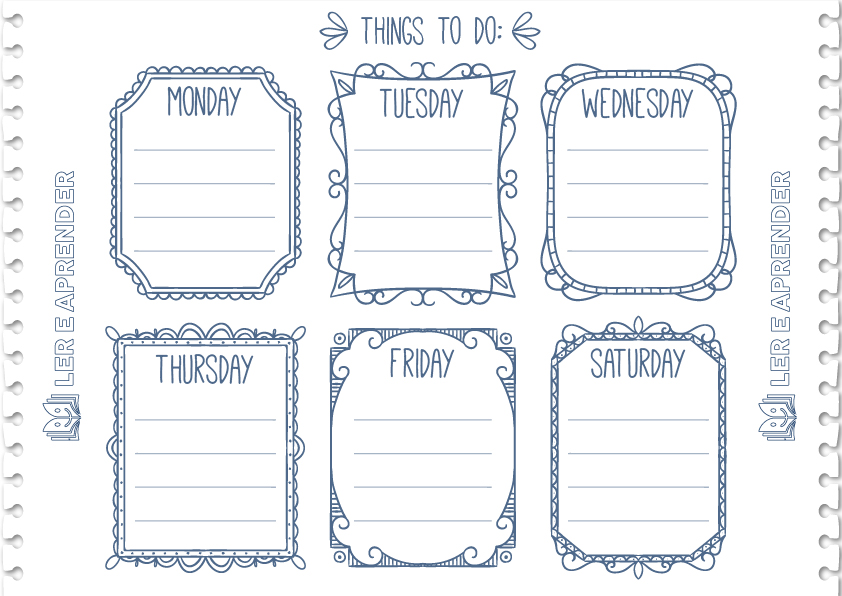Planner semanal em inglês de pagina de caderno